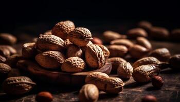 sano nueces y frutas en rústico montón generado por ai foto