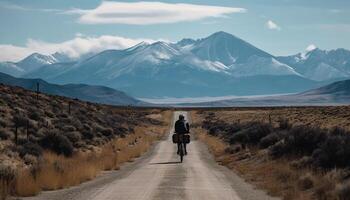 uno persona ciclismo mediante montaña terreno, explorador generado por ai foto