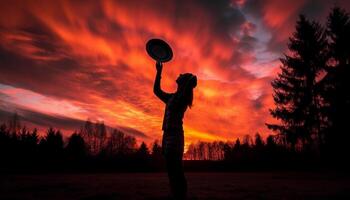 silueta de mujer jugando tenis a puesta de sol generado por ai foto