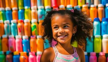Smiling African girl holding paint bottle, playful creativity generated by AI photo