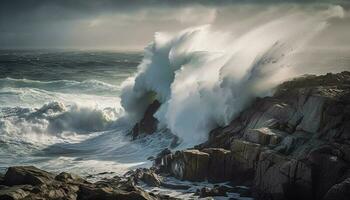 rotura olas choque en rocoso línea costera, pulverización espuma generado por ai foto