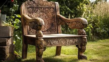 Rustic chair sits under old tree outdoors generated by AI photo