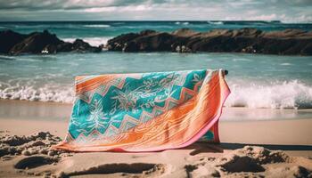 azul olas choque en arenoso cancun línea costera generado por ai foto