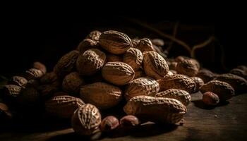 Organic nuts in rustic wooden nutshell background generated by AI photo