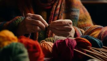 One woman knitting warm multi colored winter clothing generated by AI photo