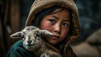 linda niña sonriente con mascota cabra al aire libre generado por ai foto