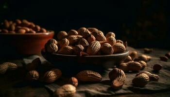 Nutty snack bowl hazelnut, almond, walnut, pecan generated by AI photo