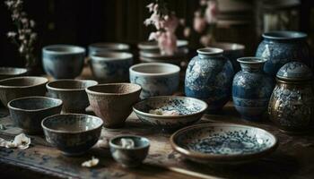 Earthenware pottery collection, ornate patterns, rustic decoration generated by AI photo