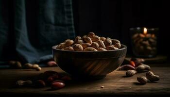 Healthy nuts in a rustic wooden bowl generated by AI photo