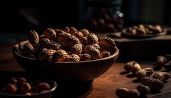 orgánico nueces y Fruta en rústico cuenco generado por ai foto