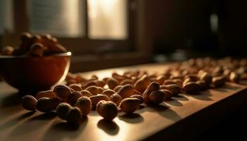 Hazelnut snack on rustic wooden table indoors generated by AI photo