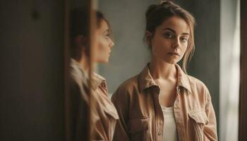 Two young women standing by window, smiling generated by AI photo