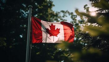 Canadian flag waves proudly in the sunlight generated by AI photo