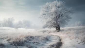 Tranquil winter forest, snow covered meadow, foggy background generated by AI photo