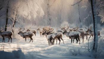 Horned deer standing in tranquil snowy forest generated by AI photo