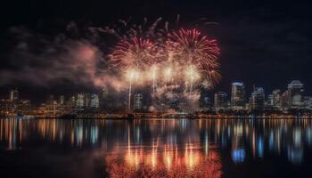 Illuminated city skyline explodes with vibrant fireworks generated by AI photo