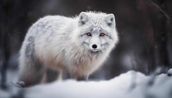 ártico lobo caminando en nieve cubierto bosque generado por ai foto