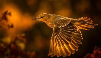 Yellow bird perching on branch at sunset generated by AI photo