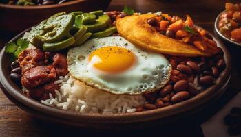 A la parrilla Cerdo con arroz, frijoles, y ensalada generado por ai foto