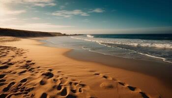 Tranquil sunset over blue waters, sandy coastline generated by AI photo