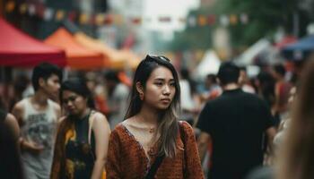 Young woman smiling, looking at camera outdoors generated by AI photo