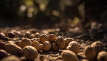 Healthy nut snack in a nutshell outdoors generated by AI photo