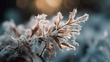 Frosty pine branch in winter forest beauty generated by AI photo