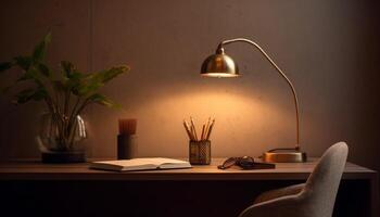 Modern lamp illuminates literature on wooden desk generated by AI photo