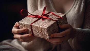 Wrapped gift box held by cheerful woman generated by AI photo