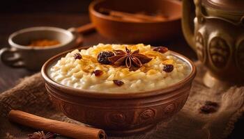 Fresh oatmeal porridge with honey and fruit generated by AI photo