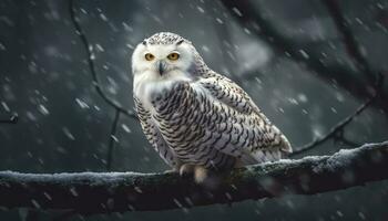 Hawk perching on snowy branch, watching for prey generated by AI photo