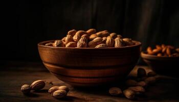 Nutty snacks in a rustic burlap bowl generated by AI photo