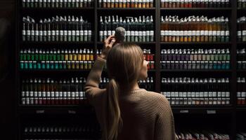 Young woman choosing literature in a store generated by AI photo