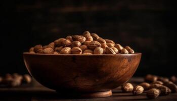 Healthy nuts in rustic wooden bowl close up generated by AI photo