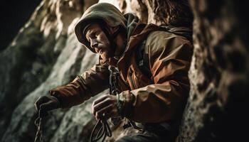 uno determinado soldado caminatas mediante peligroso terreno generado por ai foto