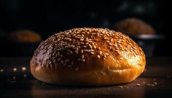 Freshly baked rustic bread on wooden table generated by AI photo