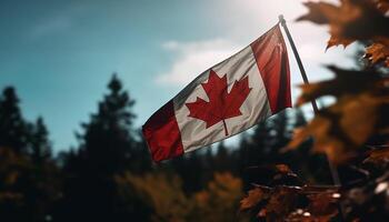 Canadian flag waves in vibrant autumn forest generated by AI photo