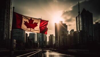 Canadian skyline reflects modern city life at dusk generated by AI photo