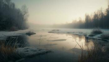 tranquilo escena de invierno bosque glacial reflexión generado por ai foto