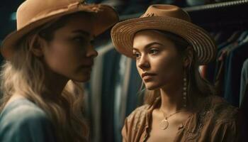 Two young women shopping for fashionable clothing generated by AI photo