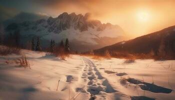 Majestic mountain range, tranquil sunset, yellow sunlight generated by AI photo
