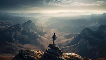 Standing on mountain peak, conquering nature beauty generated by AI photo