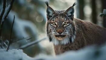 Fierce snow leopard staring, majestic beauty captured generated by AI photo