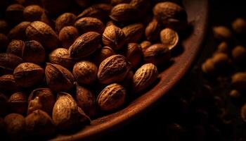 Healthy snack nuts and fruit in bowl generated by AI photo