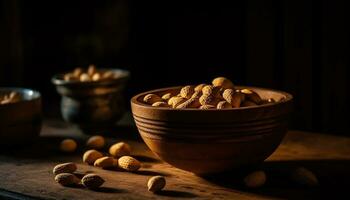 Nutty snacks in wooden bowl on table generated by AI photo