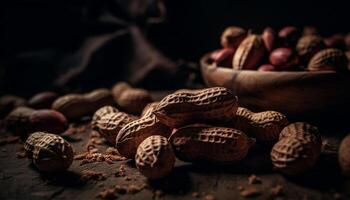 Organic nut snack in rustic wooden bowl generated by AI photo