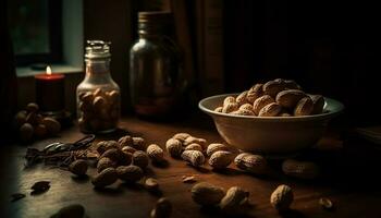 Nutty snack bowl hazelnut, almond, walnut, cashew generated by AI photo