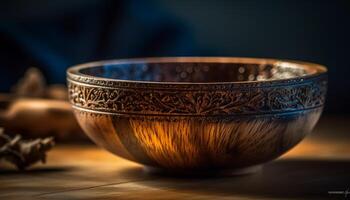 Earthenware bowl with ornate blue decoration indoors generated by AI photo