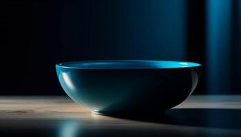 Empty blue bowl on wooden table reflects light generated by AI photo