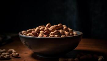 Nutty snacks in wooden bowl on table generated by AI photo